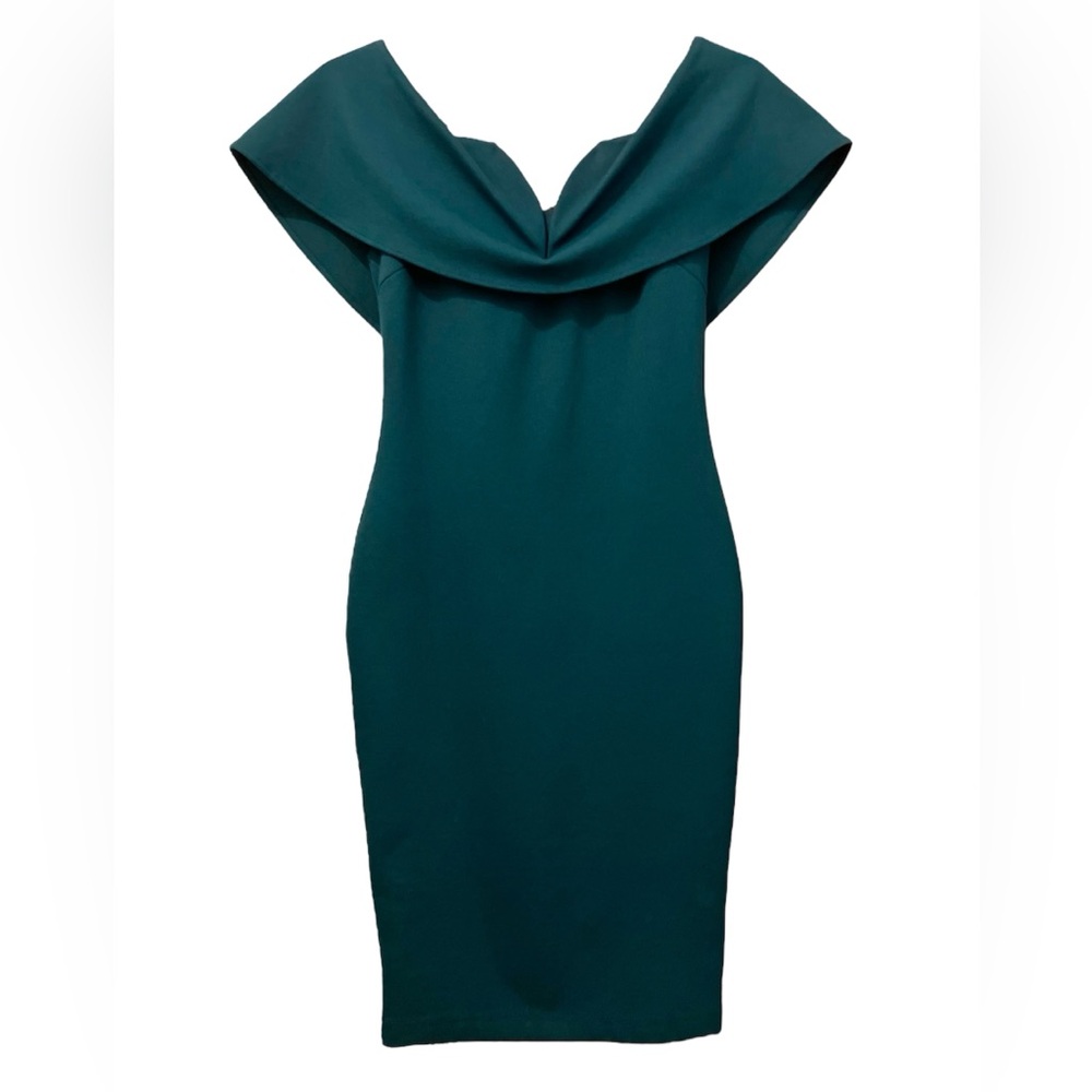 EUC WINDSOR Teal Sheath Dress Stretch Sleeveless Draped Neckline Small